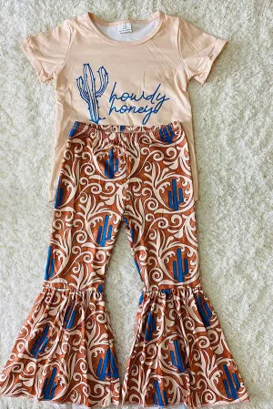 1174WY howdy honey cactus prints short sleeve top bell bottom children's clothing sets