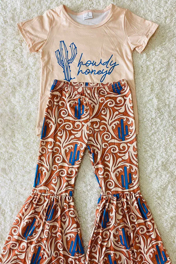 1174WY howdy honey cactus prints short sleeve top bell bottom children's clothing sets