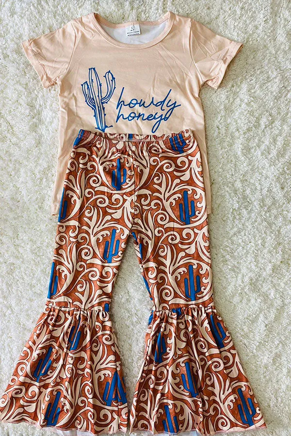 1174WY howdy honey cactus prints short sleeve top bell bottom children's clothing sets