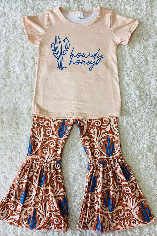 1174WY howdy honey cactus prints short sleeve top bell bottom children's clothing sets