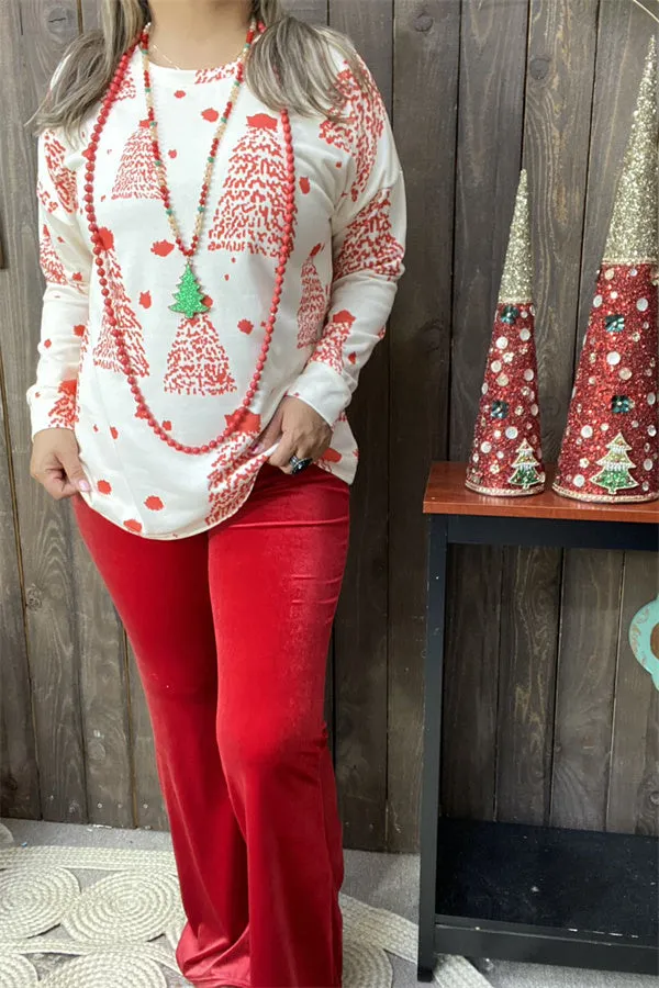 DLH15337 Wholesale red Christmas trees prints long sleeve women top