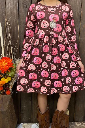 DLH2664 Halloween brown pumpkin brown long sleeve girls dress