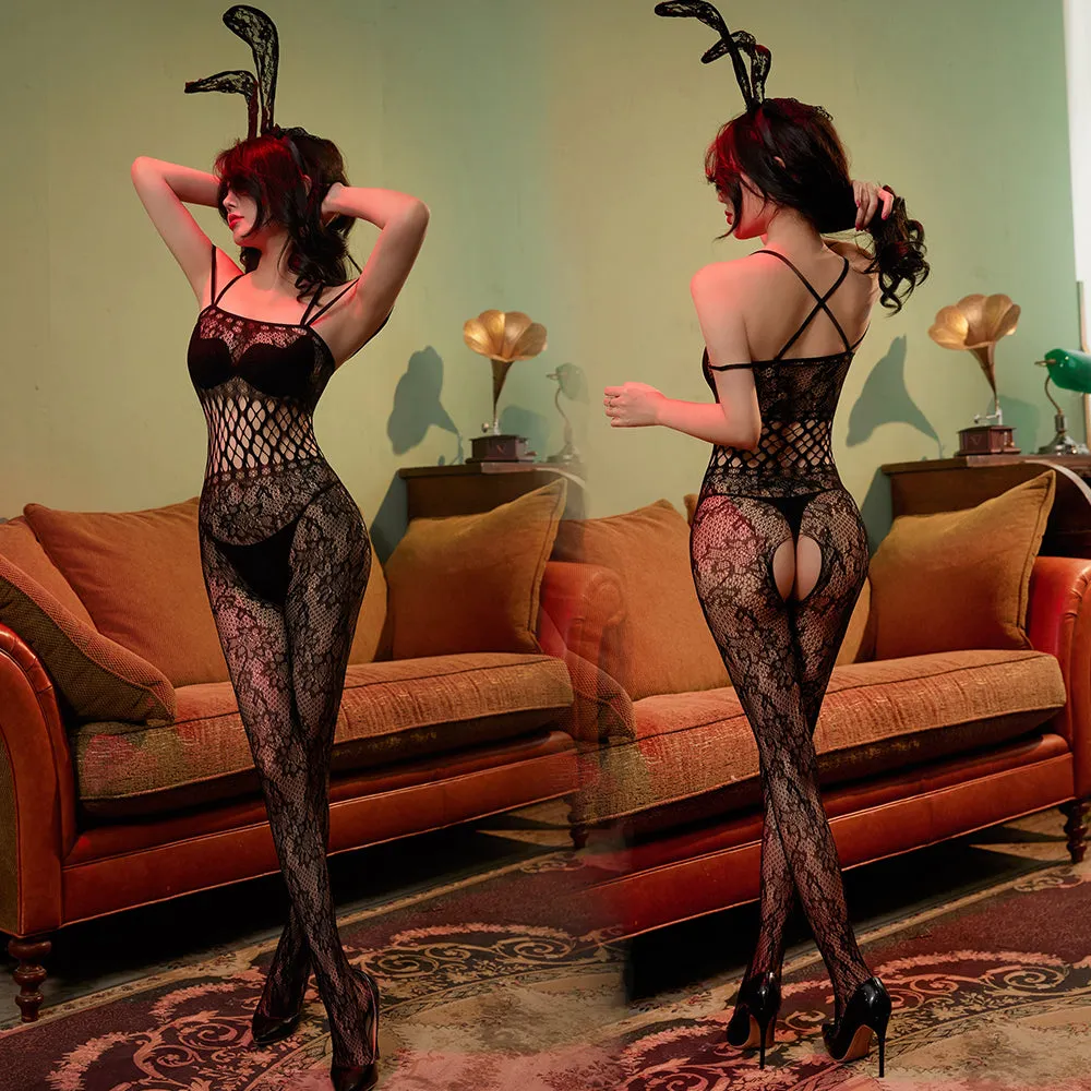 W-3122 Erotic mesh bandeau open crotch one-piece