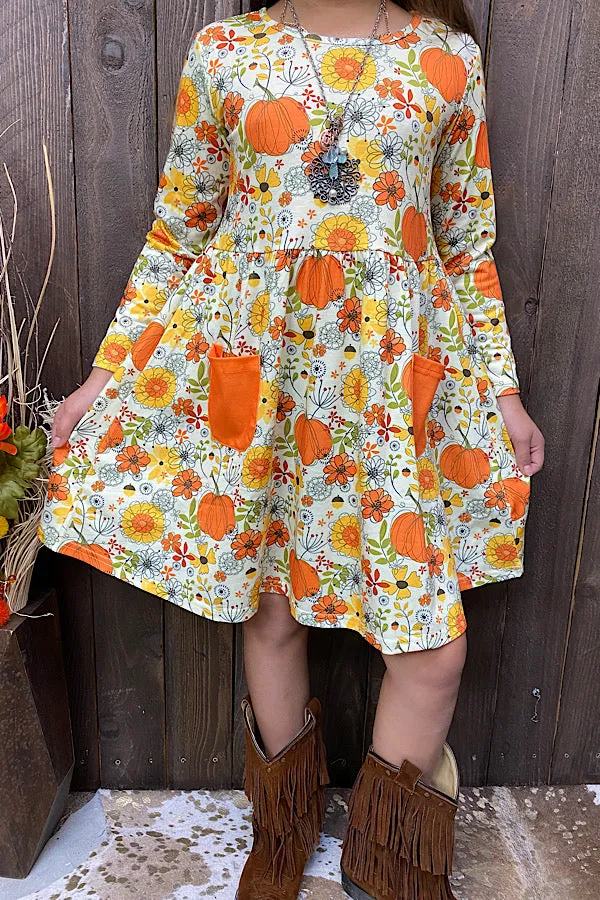 XCH0014-14 Fall Floral pumpkin long sleeve girls dress wholesale