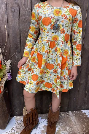XCH0014-14 Fall Floral pumpkin long sleeve girls dress wholesale