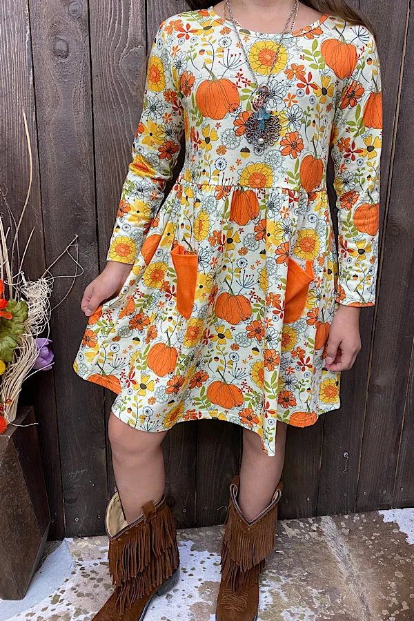 XCH0014-14 Fall Floral pumpkin long sleeve girls dress wholesale