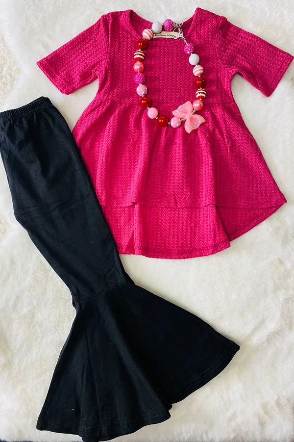 XCH0024-14H Wholesale fall clothing Pink high-low top black flare pant girls outfit sets