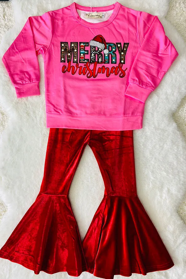 XCH0024-15H MERRY CHRISTMAS sweatershirt velvet pant girls outfit set