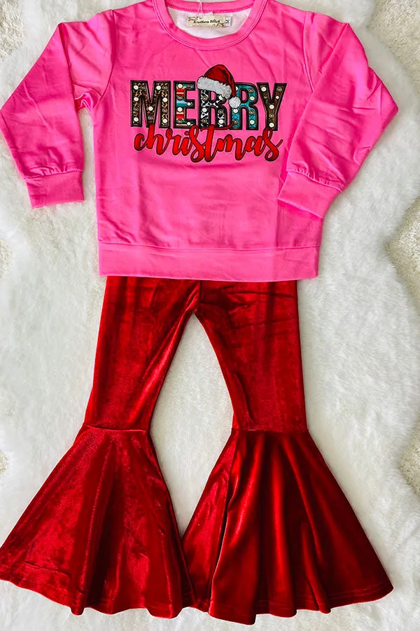 XCH0024-15H MERRY CHRISTMAS sweatershirt velvet pant girls outfit set